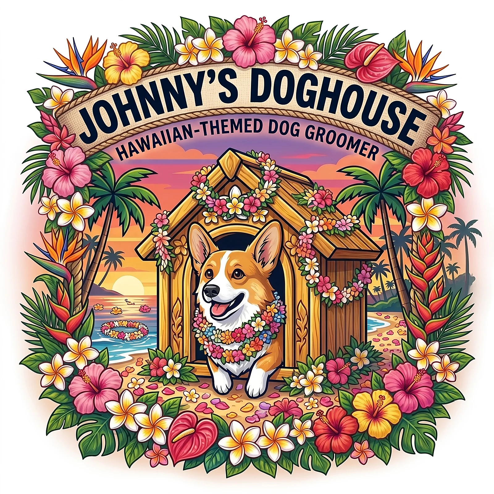 Corgi mascot in a lei-draped doghouse, Johnny's Doghouse, Cottonwood